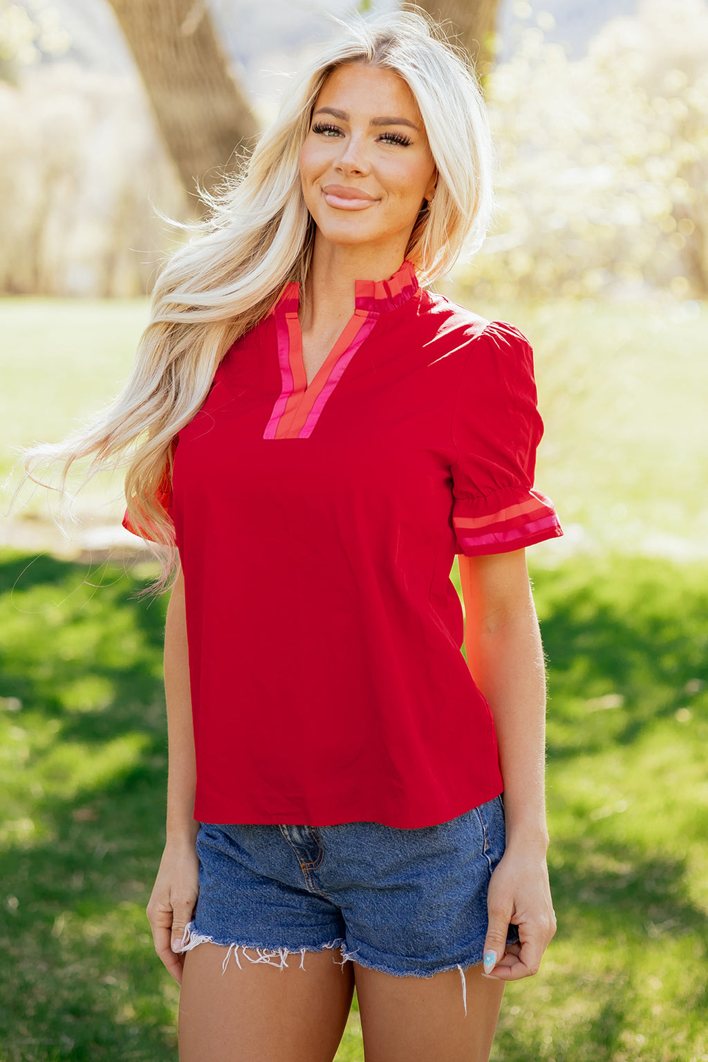 Sky Blue Striped Frilled Collar Ruffled Short Sleeve Blouse