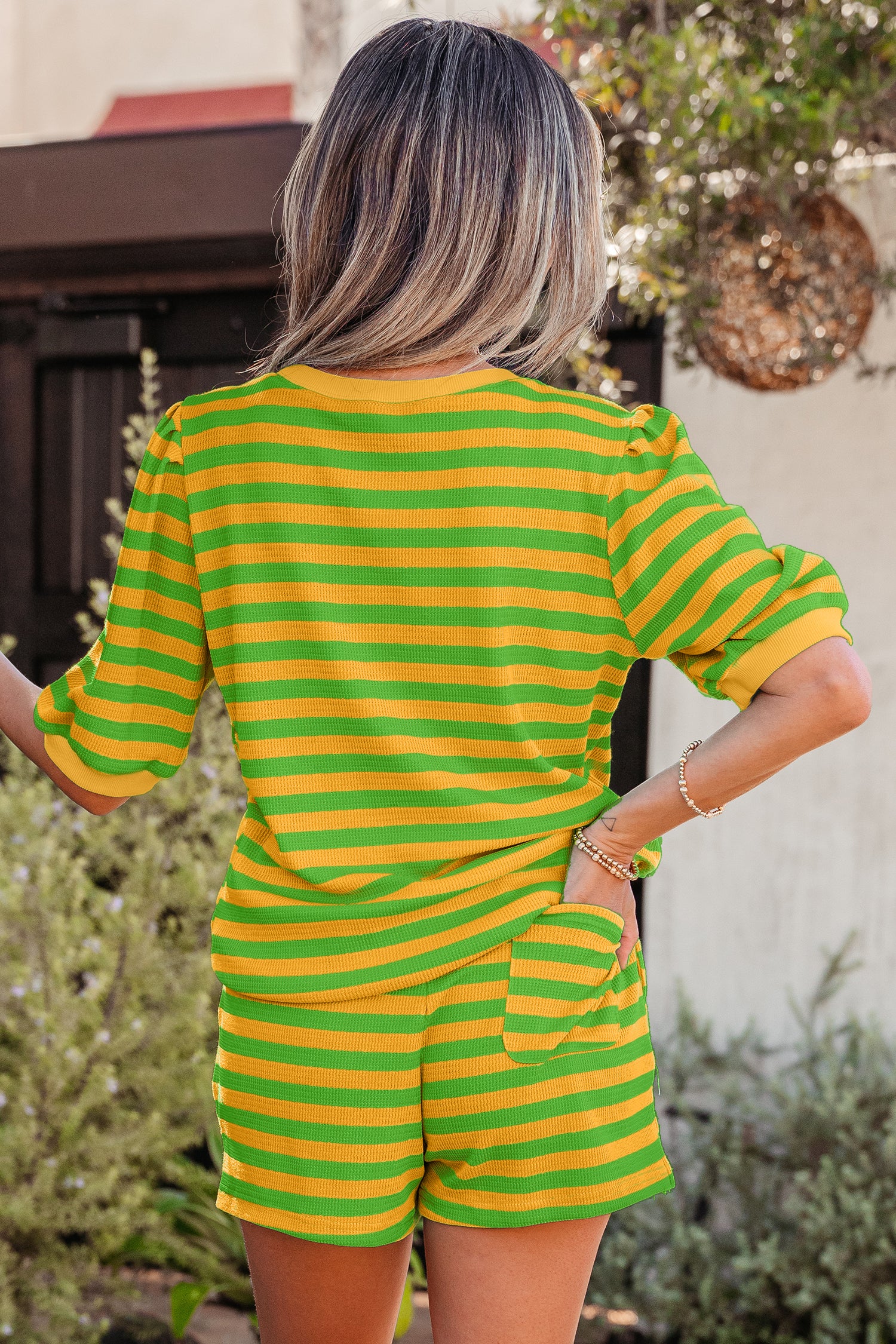 Red Stripe Puff Short Sleeve T Shirt Matching Shorts Set