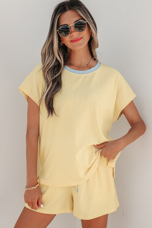 Sachet Pink Soft Ribbed Color Block Trim Casual Short Set