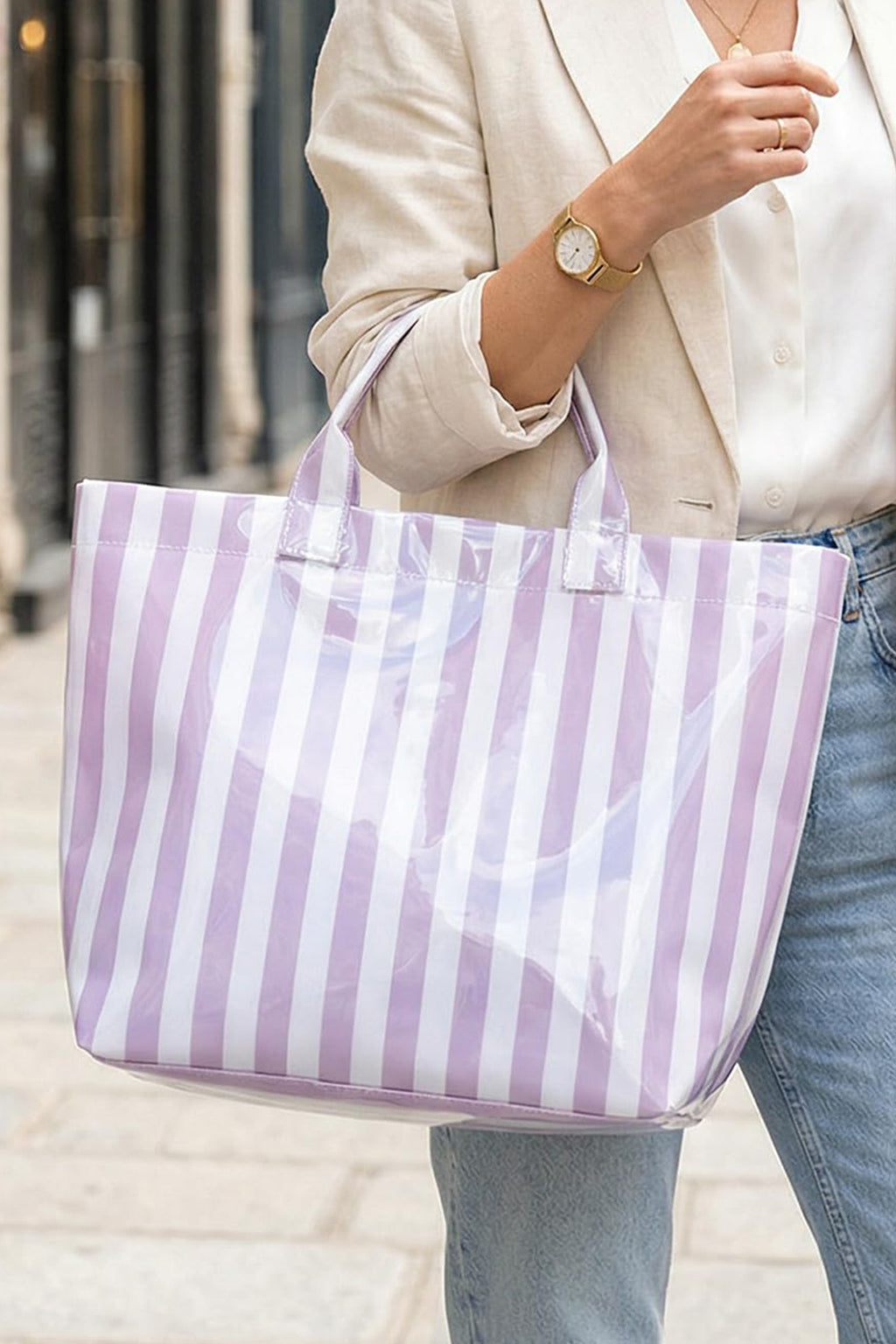 Light Blue Glossy Striped Vinyl Large Tote Bag (Color Varied)