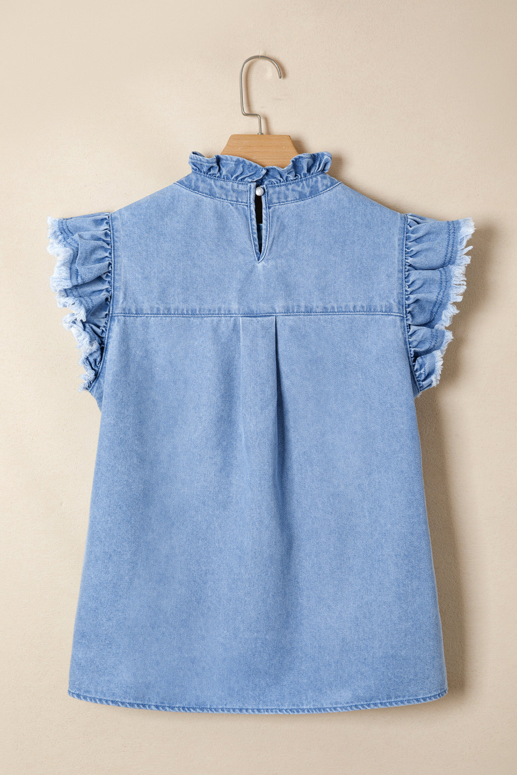 Blue Frilled Collar Flutter Sleeve Denim Top