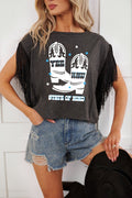 Carbon Grey YEE HAW Boots STATE OF MIND Fringed Sleeve Tee