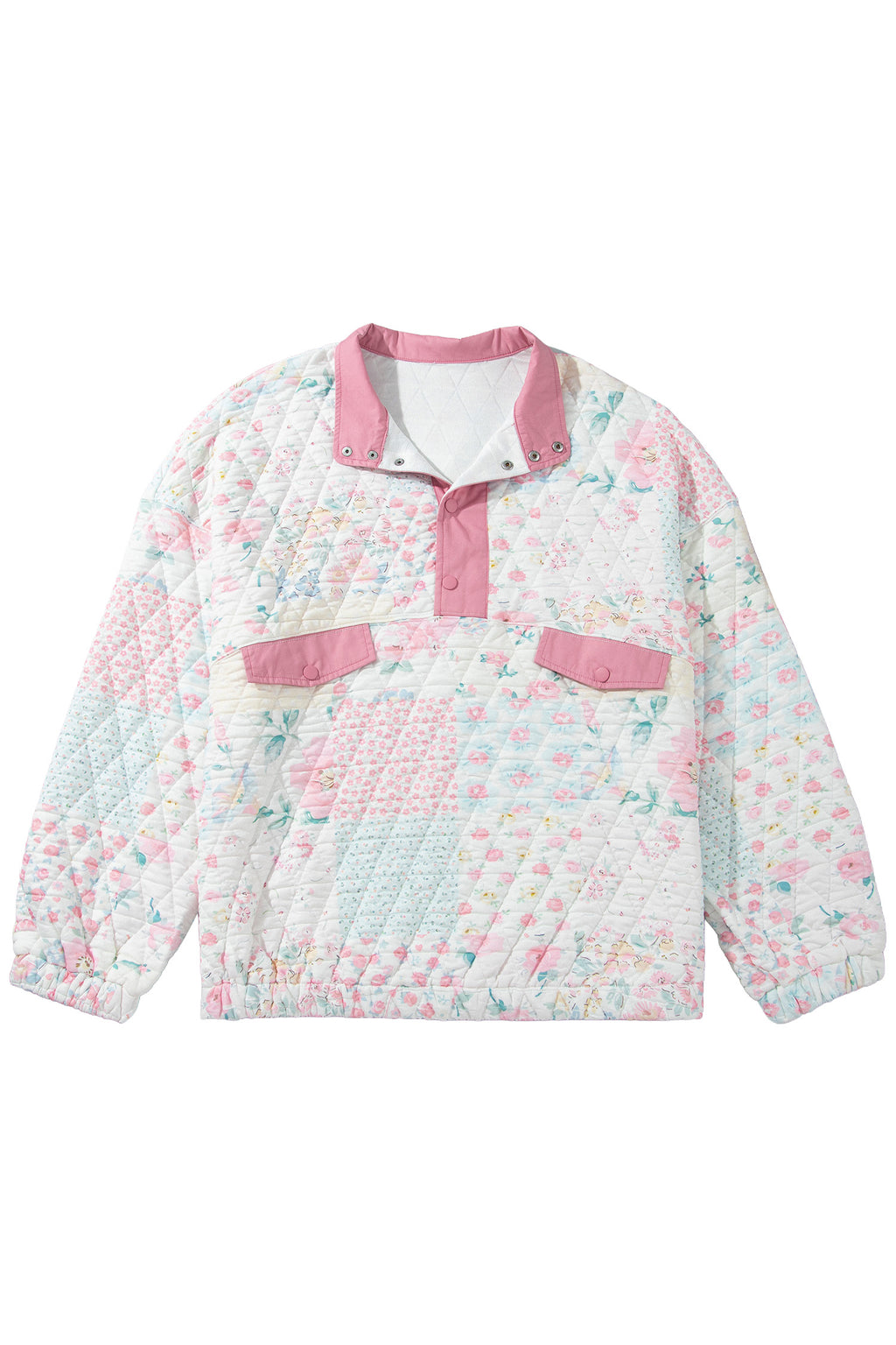 Pink Floral Quilted V-Neck Plus Size Fake Pocket Sweatshirt