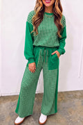 Green Color Block Plaid Patchwork Long Sleeve Pullover Wide Leg Pant Set