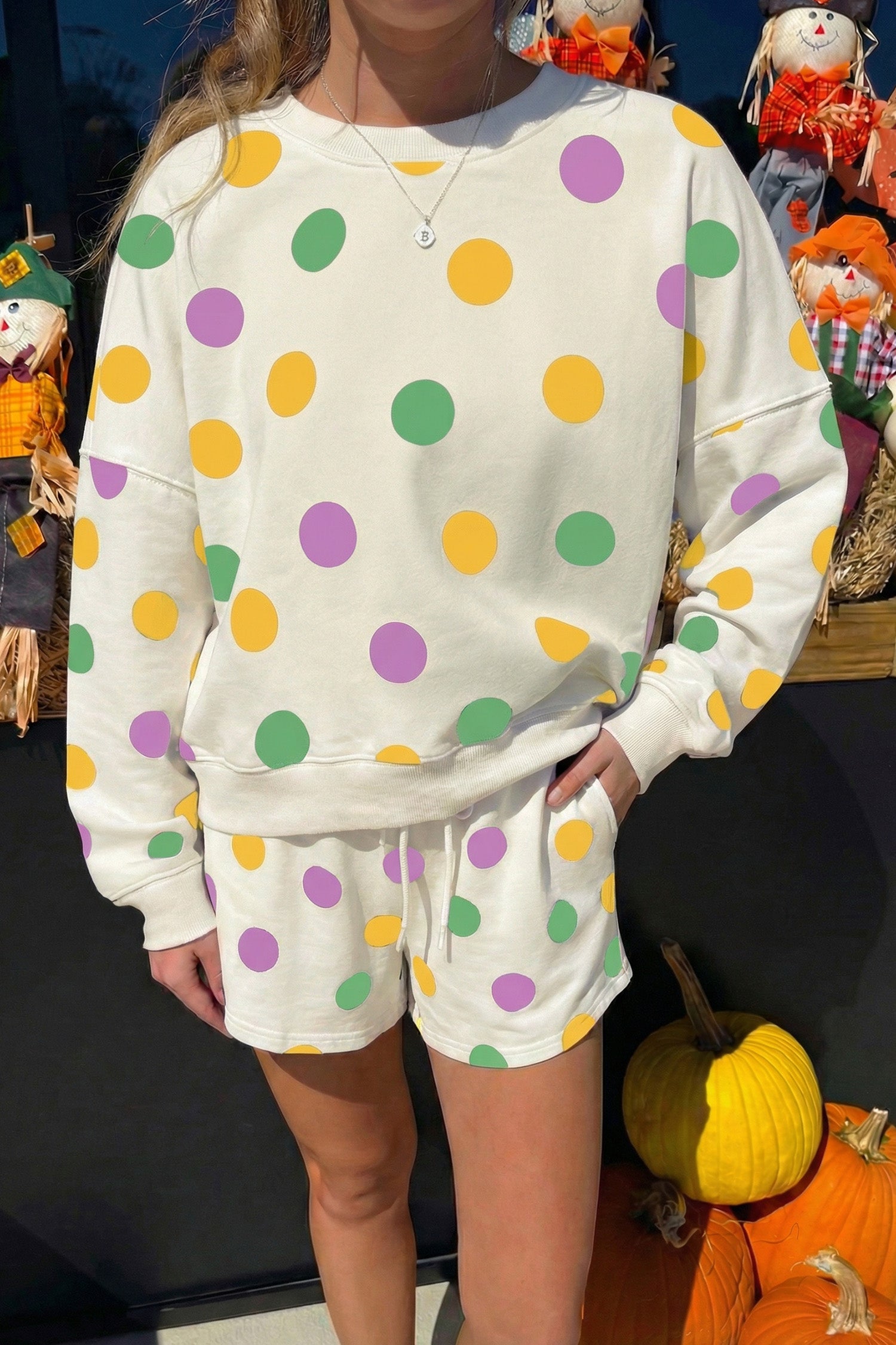 Pink Polka Dot Print Drop Shoulder Pullover Drawstring Shorts Set