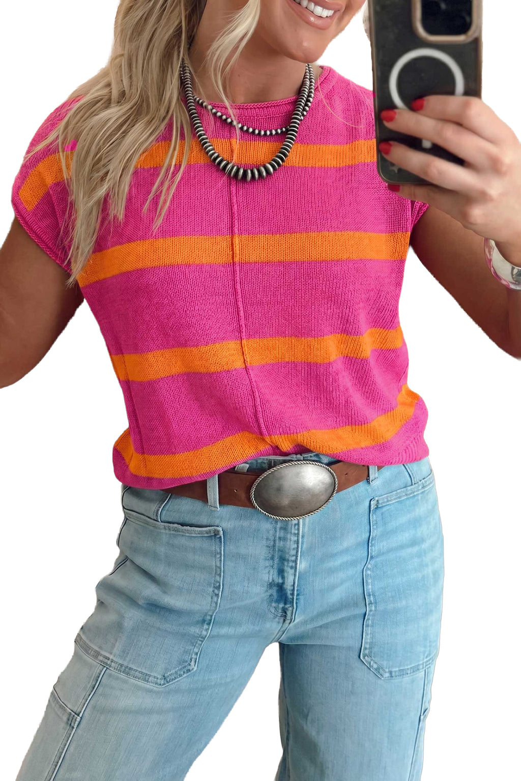 Brown Stripe Knit Western Short Sleeve Sweater