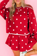Red Polka Dot Raw Hem Relaxed Pullover Loose Skort Two Piece Set