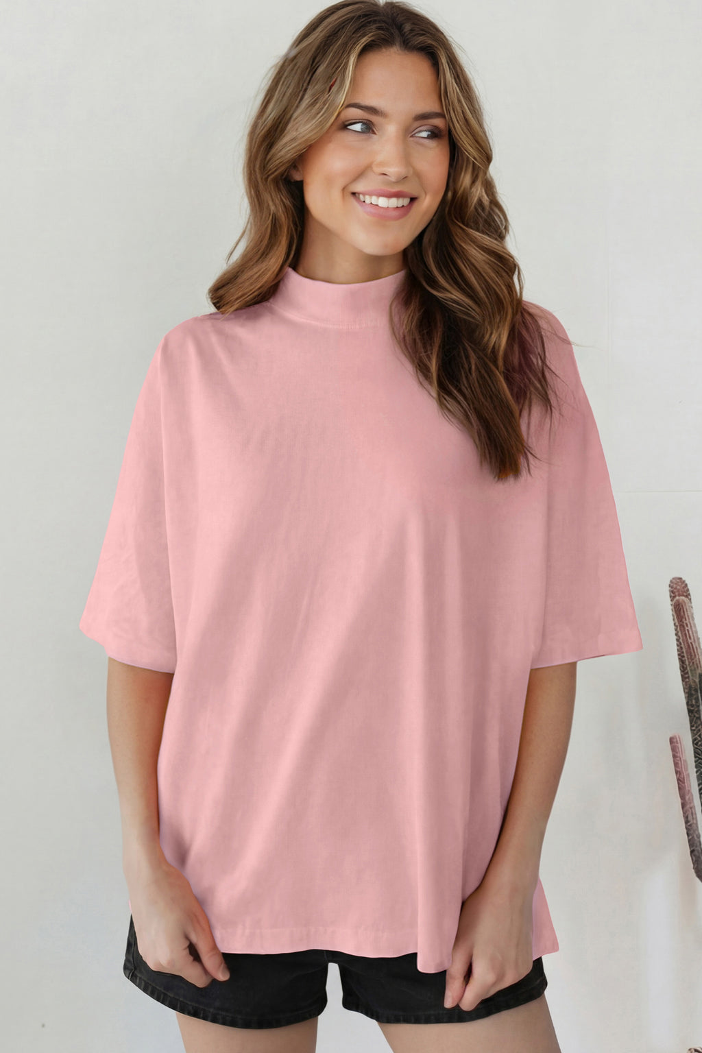 Sachet Pink Solid Color High Neck Oversize Tee