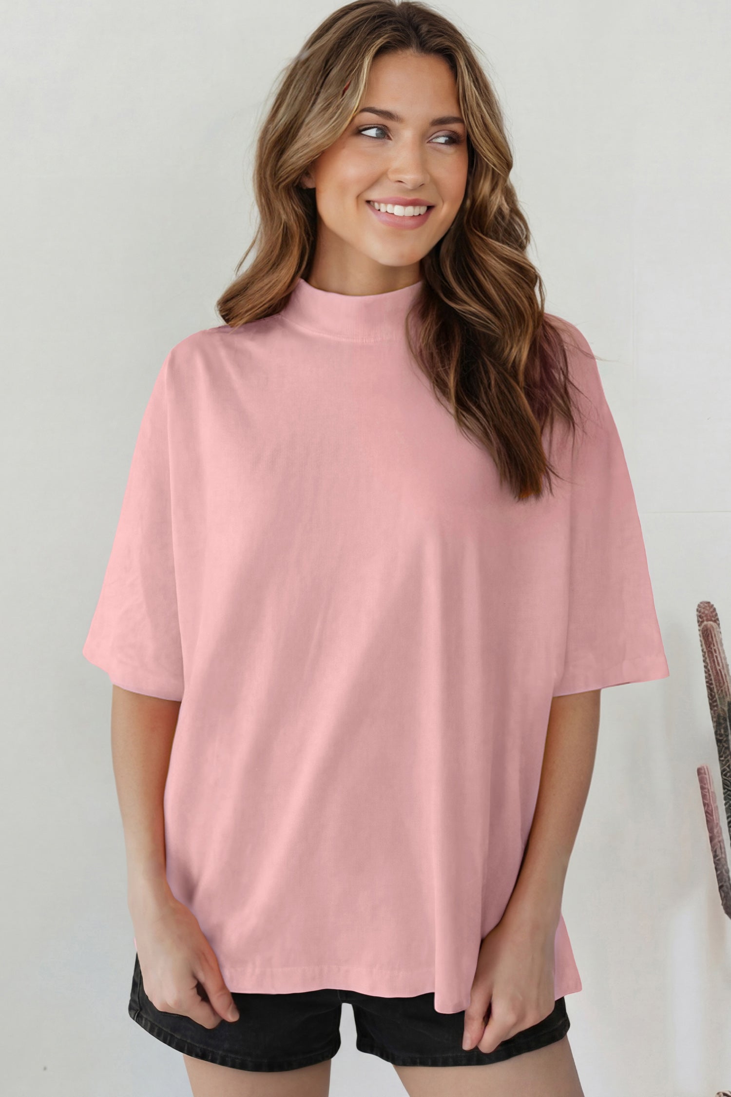 Sachet Pink Solid Color High Neck Oversize Tee