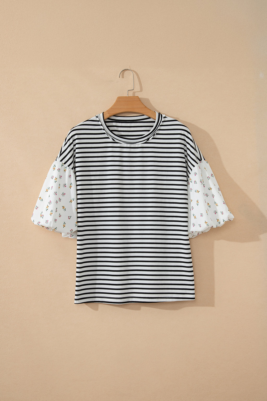 Red Stripe Floral Puff Sleeve Patchwork Round Neck Loose Top
