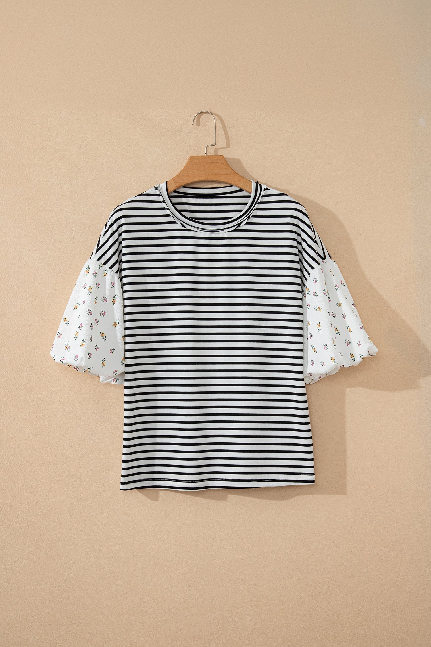 Red Stripe Floral Puff Sleeve Patchwork Round Neck Loose Top