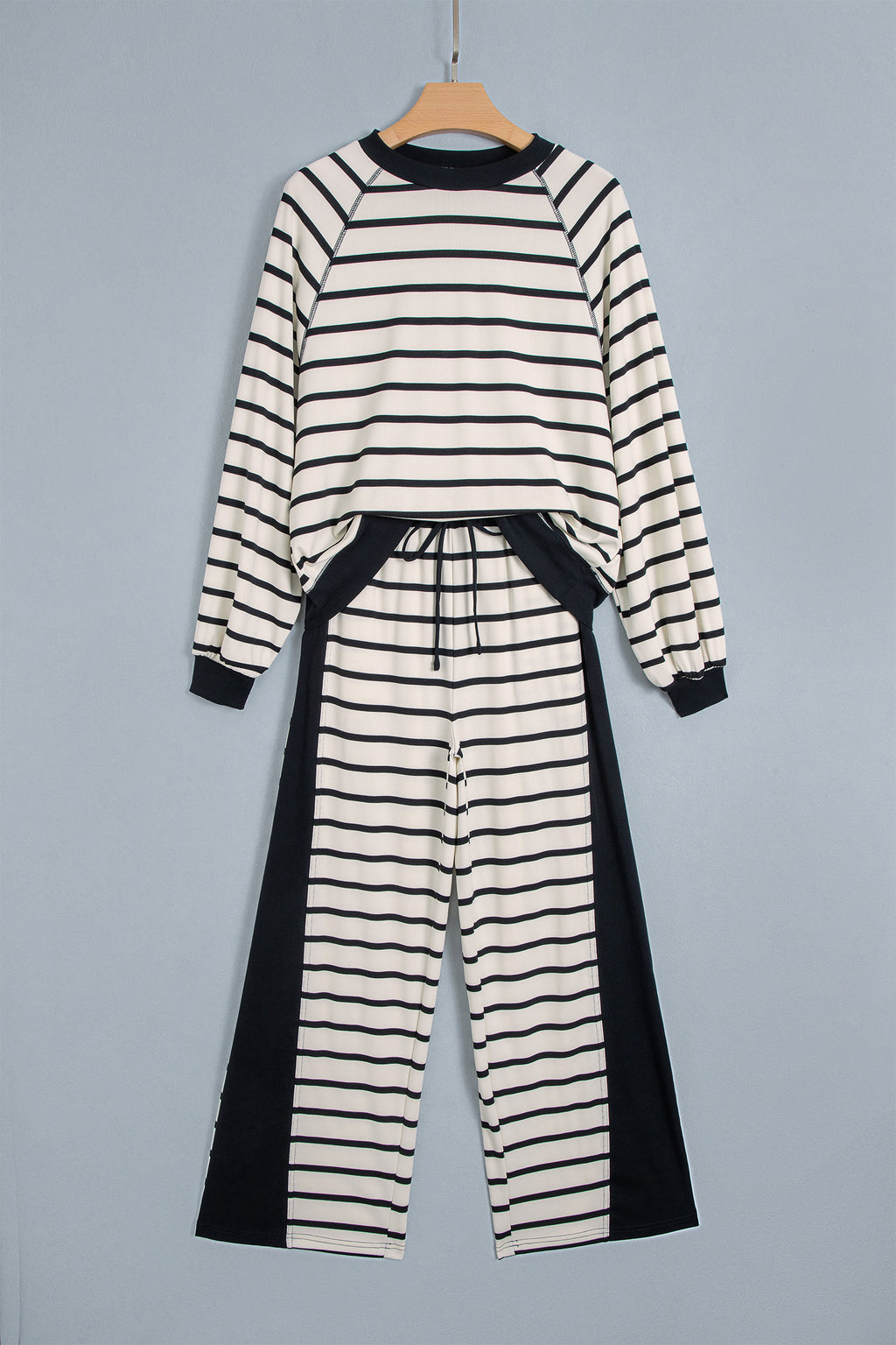 Khaki Stripe Relaxed Long Sleeve Top Color Block Detail Drawstring Pant Set