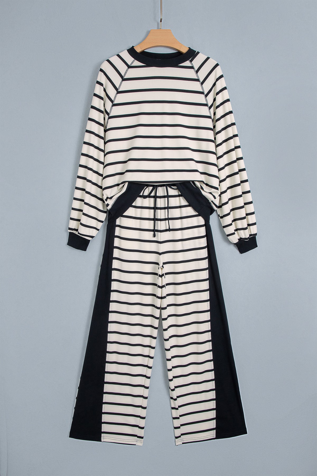 Khaki Stripe Relaxed Long Sleeve Top Color Block Detail Drawstring Pant Set
