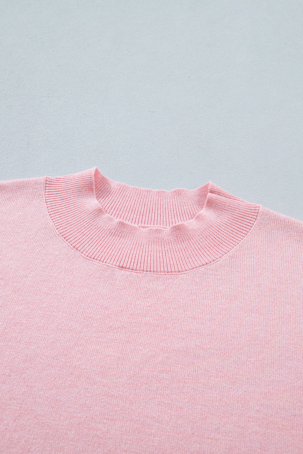 Pink Stand Neck Contrast Wavy Trim Short Sleeve Sweater