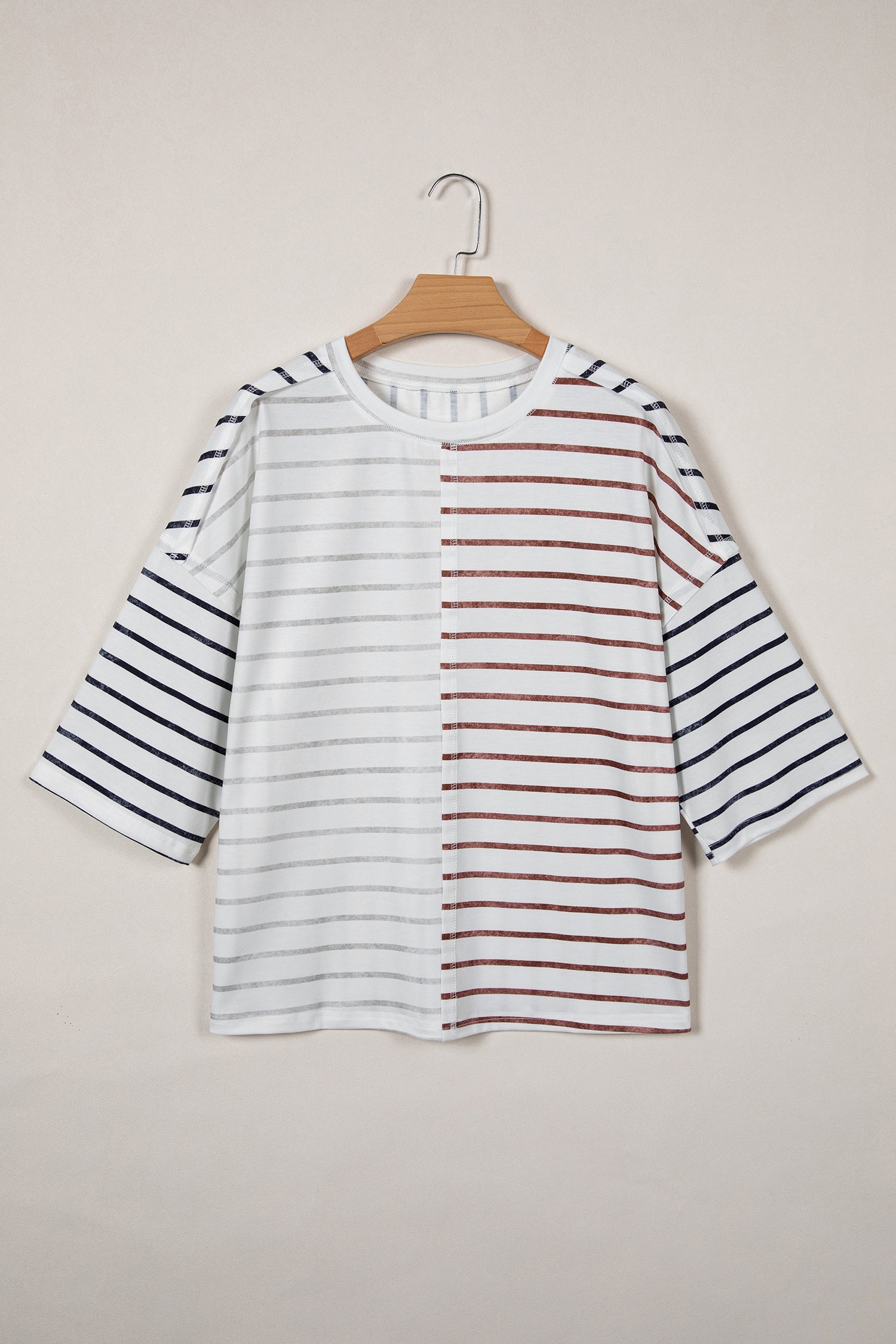 Green Stripe Colorblock 3/4 Sleeve Loose T Shirt