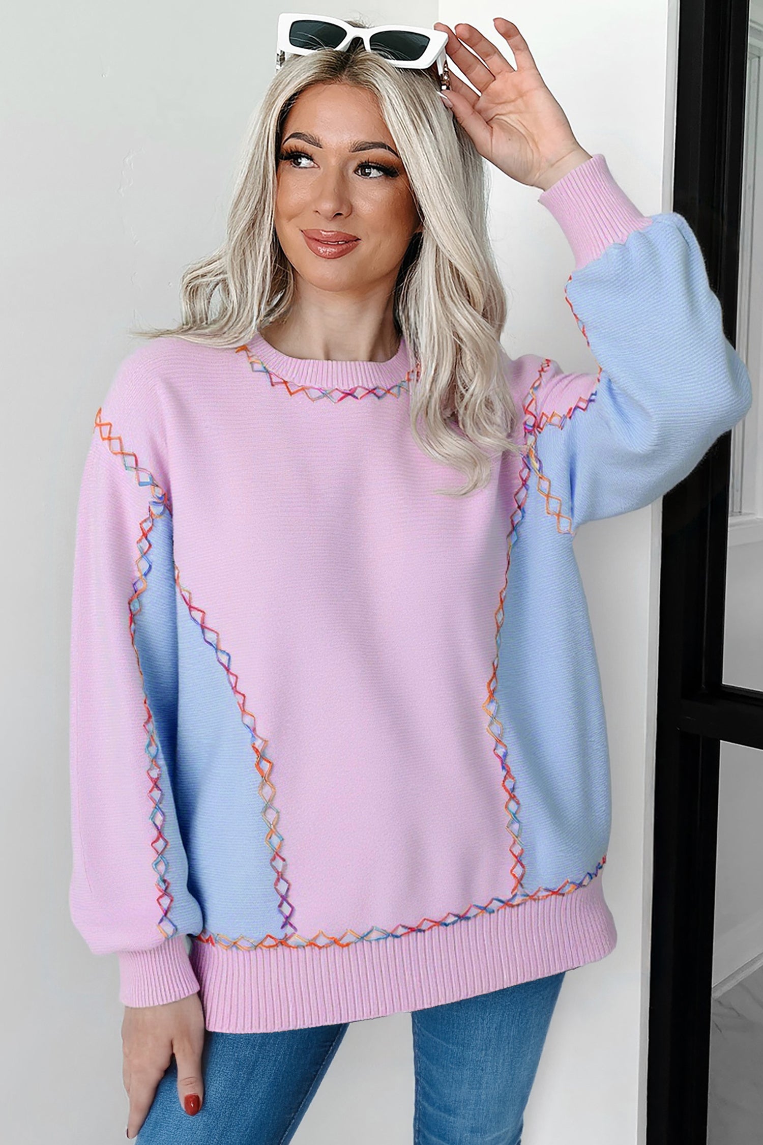 Orchid Bouquet Rainbow Stitching Balloon Sleeve Relaxed Sweater