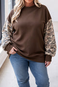 Coffee Mock Neck Camo Patchwork Drop Shoulder Plus Size Sweatshirt