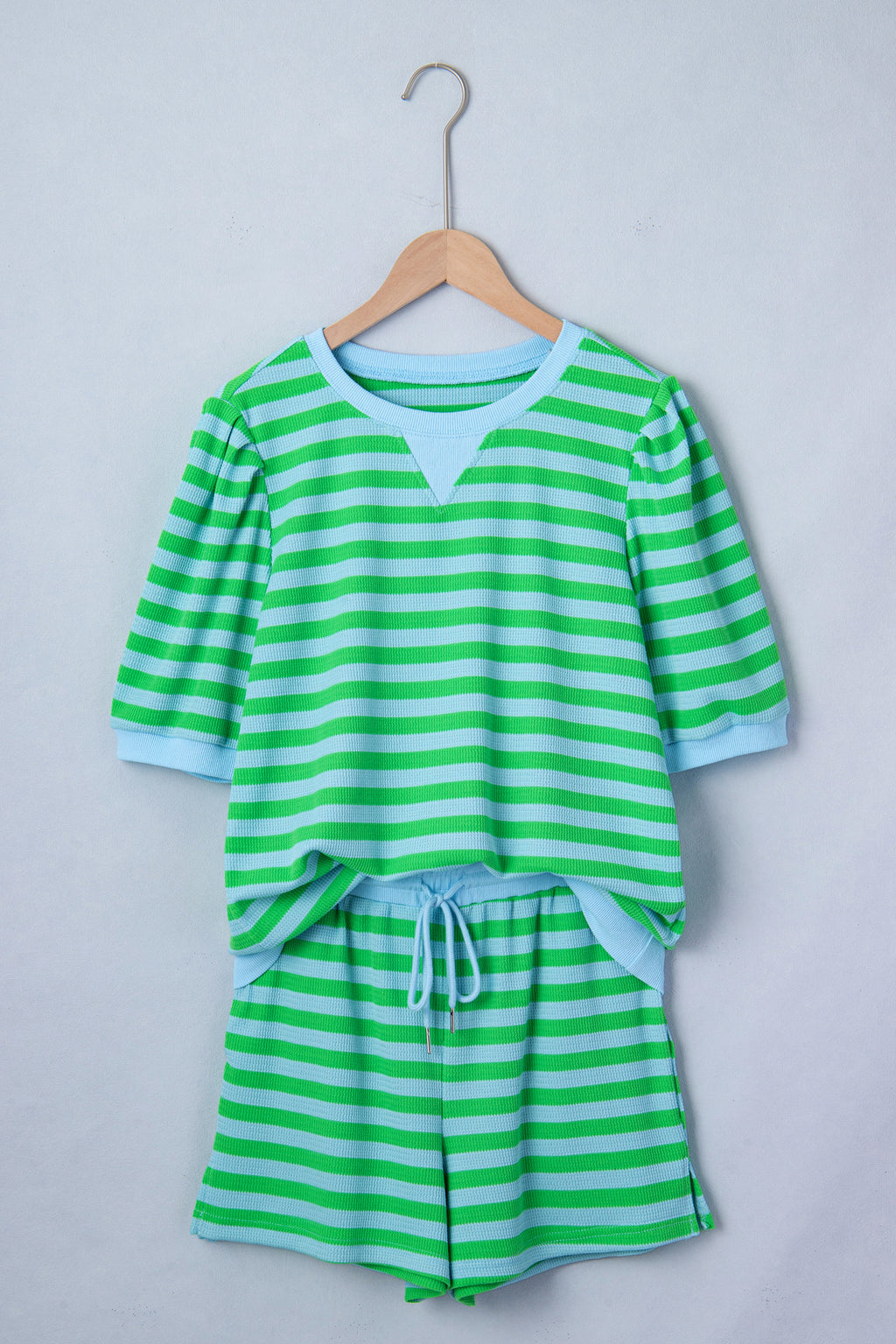 Red Stripe Puff Short Sleeve T Shirt Matching Shorts Set