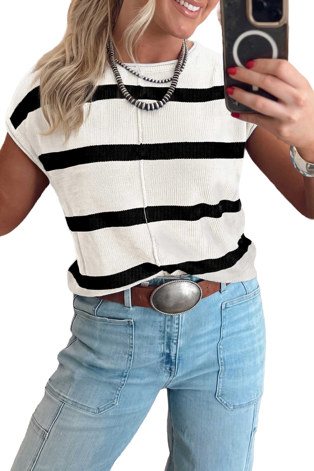 Brown Stripe Knit Western Short Sleeve Sweater