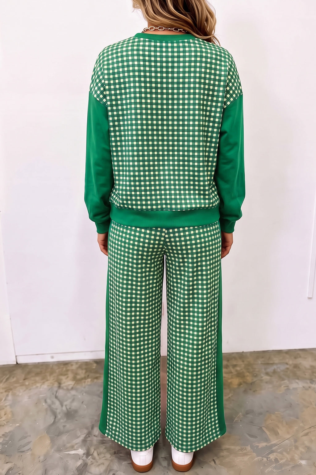Green Color Block Plaid Patchwork Long Sleeve Pullover Wide Leg Pant Set