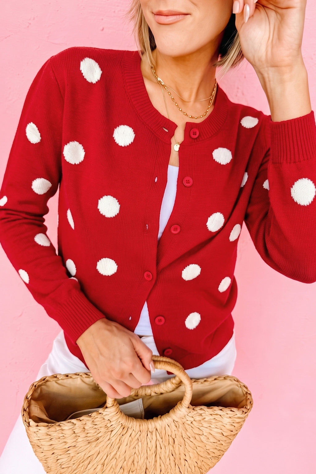 Bluing Casual Polka Dot Button Front Long Sleeve Sweater Cardigan
