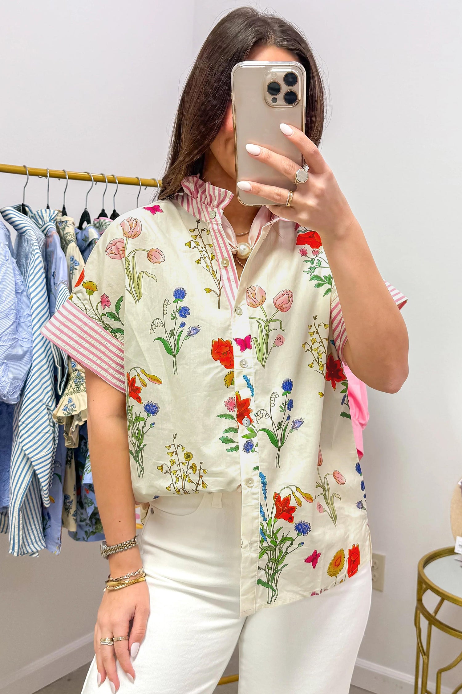Sky Blue Floral Striped Patchwork Ruffled Collar Short Sleeve Shirt