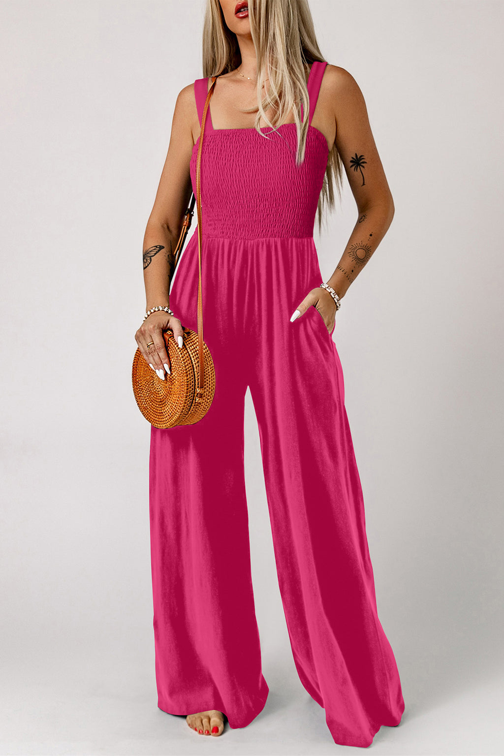 Peacock Blue Smocked Square Neck Sleeveless Jumpsuit with Pockets