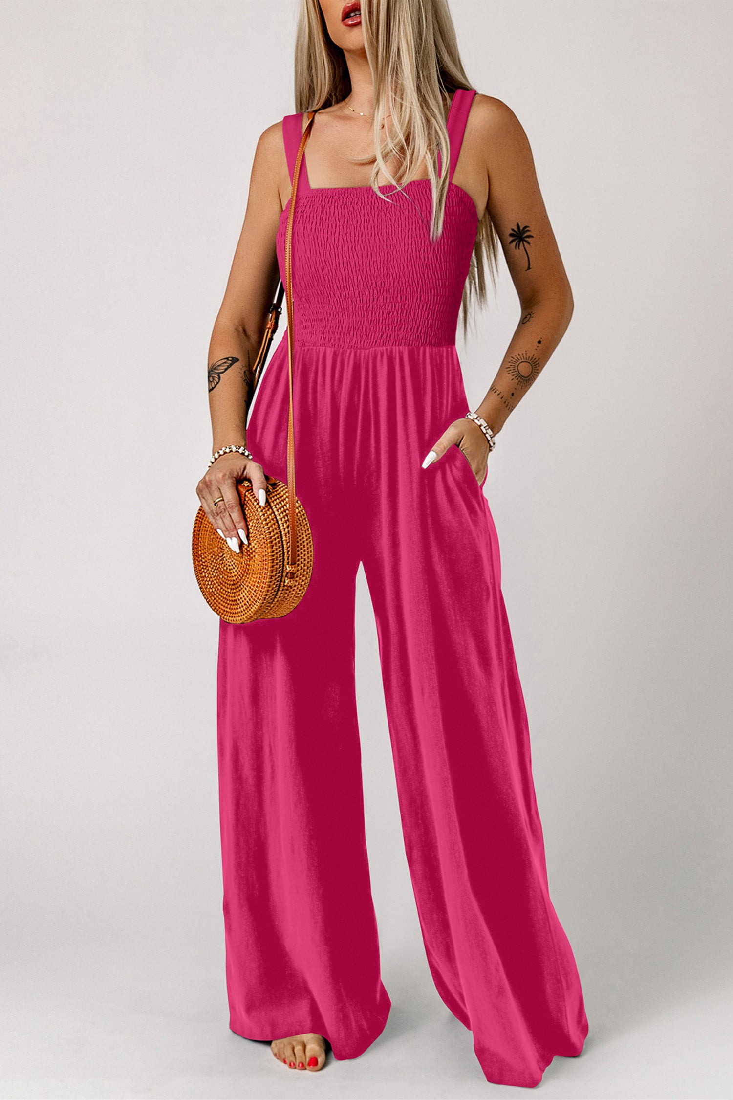Peacock Blue Smocked Square Neck Sleeveless Jumpsuit with Pockets