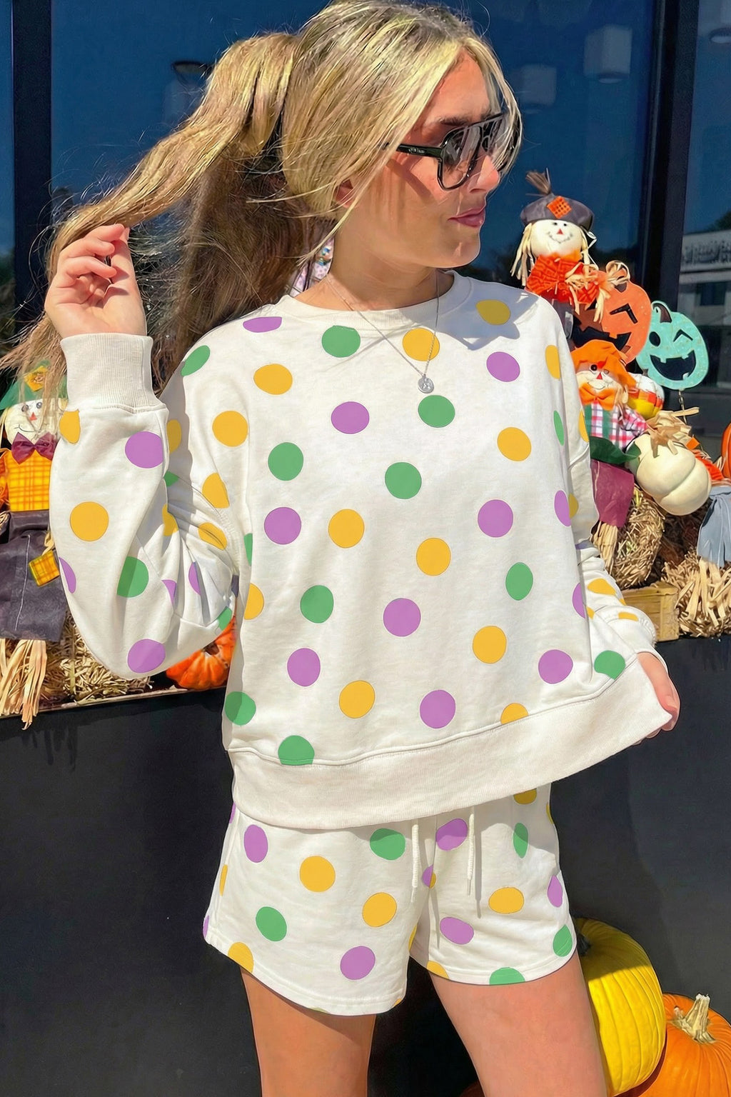 Pink Polka Dot Print Drop Shoulder Pullover Drawstring Shorts Set
