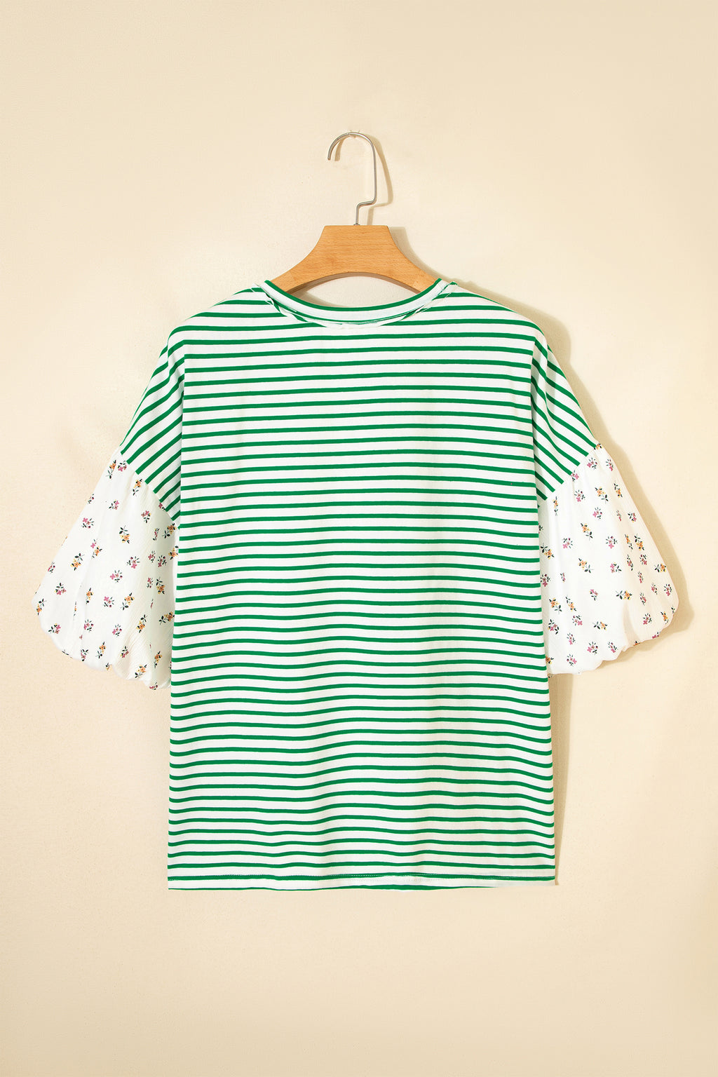 Red Stripe Floral Puff Sleeve Patchwork Round Neck Loose Top