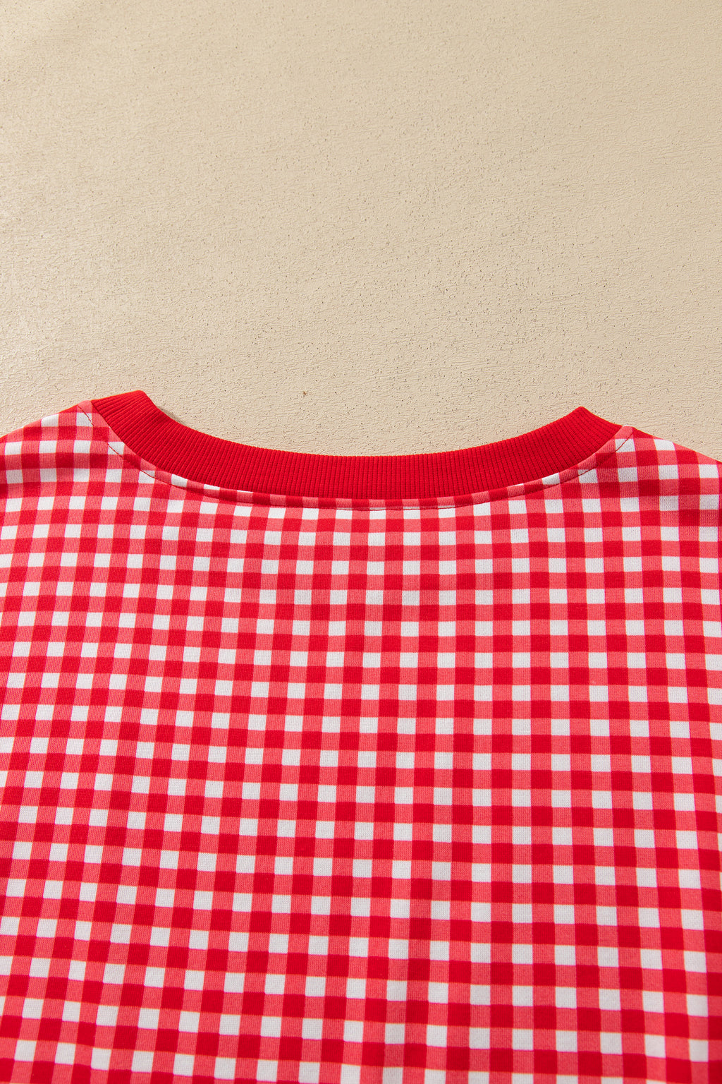 Red Gingham Oversized Ribbed Trim Crew Neck Long Sleeve Top and Skort Set