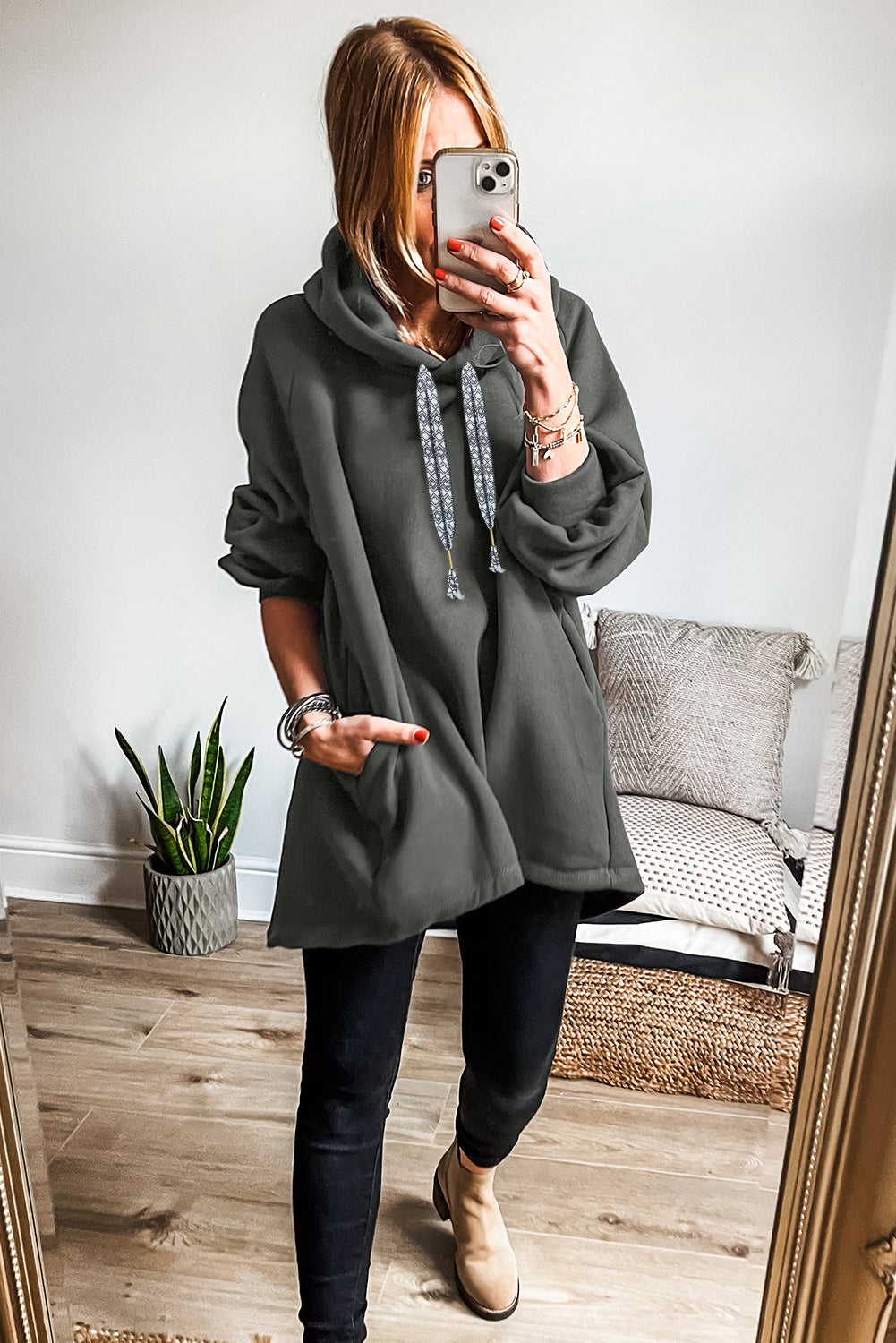 Dirty blue Fleece Lined Adjustable Drawstring Oversize Tunic Hoodie