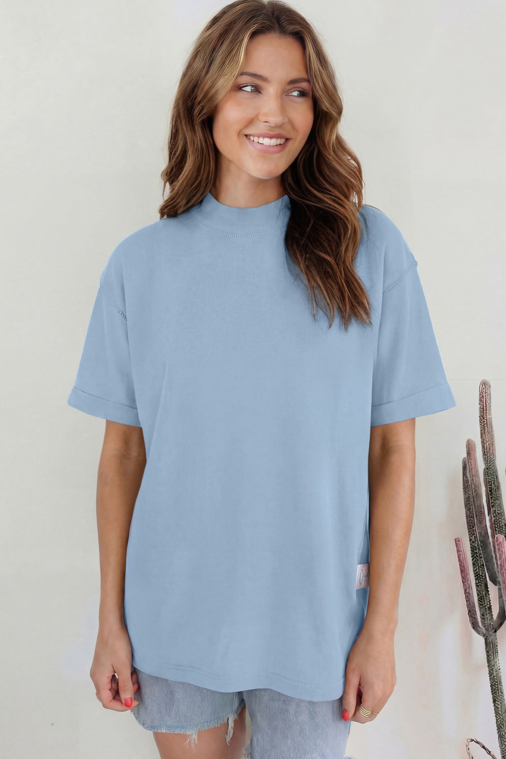 Sachet Pink Solid Color High Neck Oversize Tee
