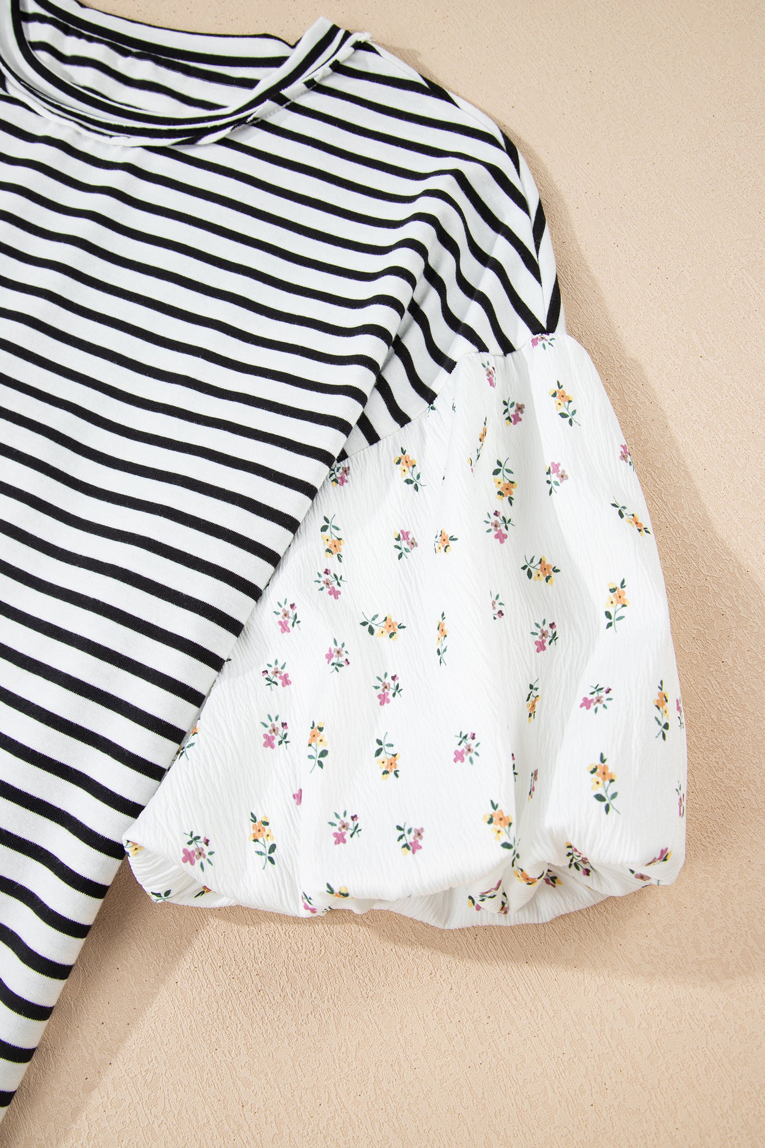 Red Stripe Floral Puff Sleeve Patchwork Round Neck Loose Top