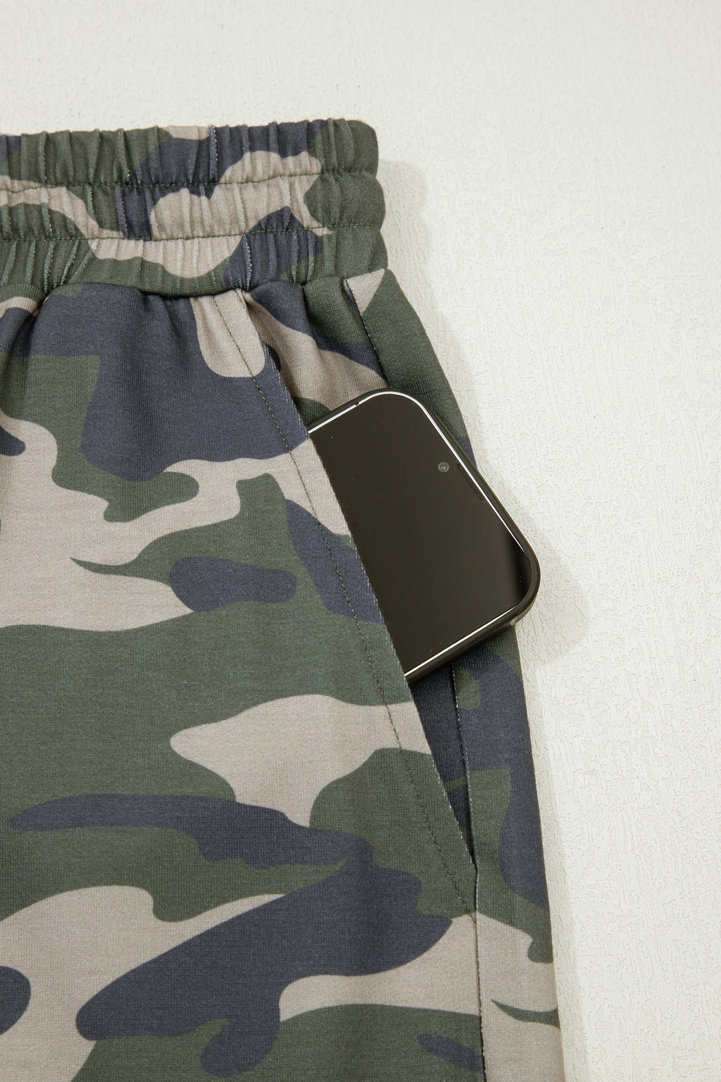Green Tie Elastic Waist Pocketed Plus Size Camo Shorts