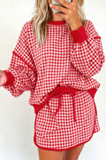Red Gingham Oversized Ribbed Trim Crew Neck Long Sleeve Top and Skort Set