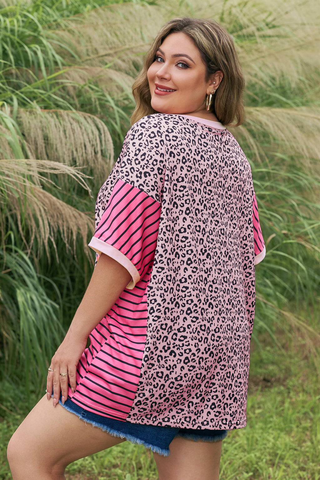 Pink Leopard Striped Contrast Patchwork Plus Size Tee