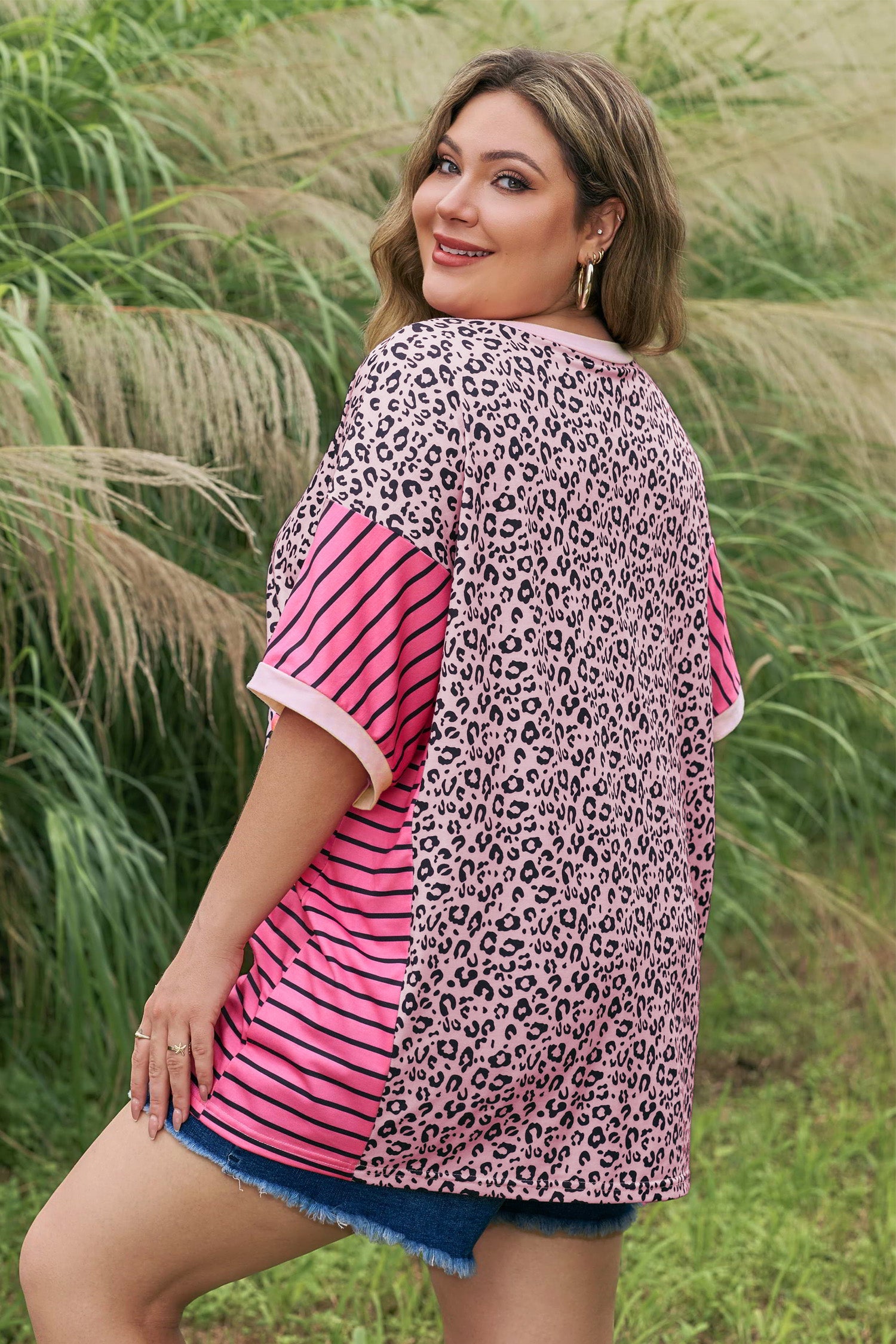 Pink Leopard Striped Contrast Patchwork Plus Size Tee