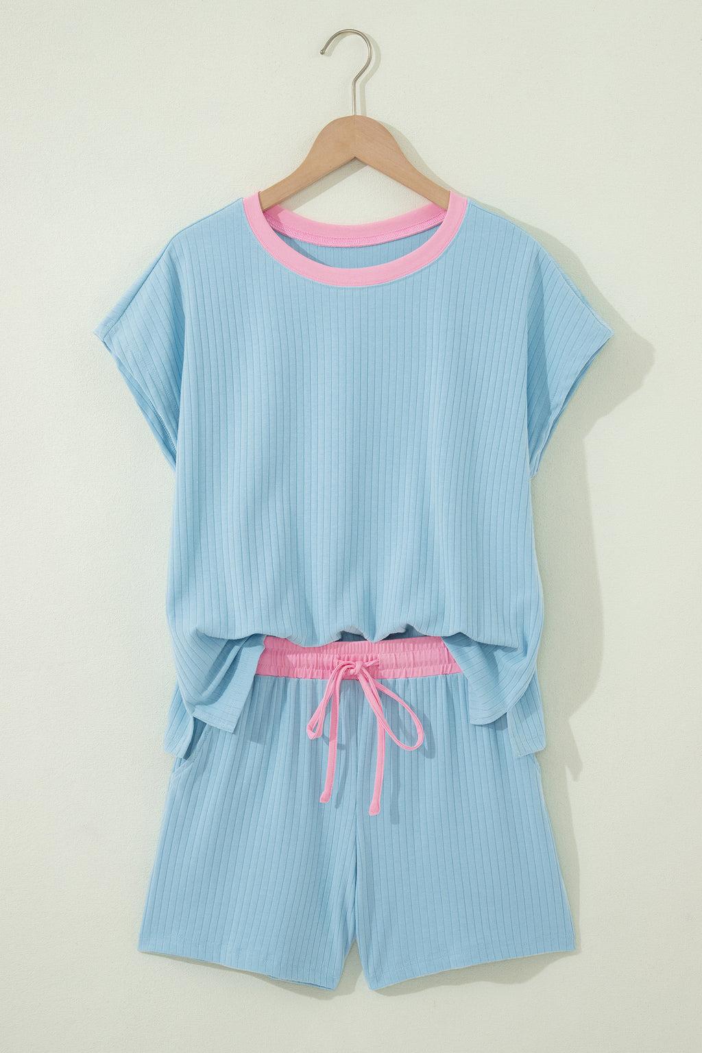 Sachet Pink Soft Ribbed Color Block Trim Casual Short Set