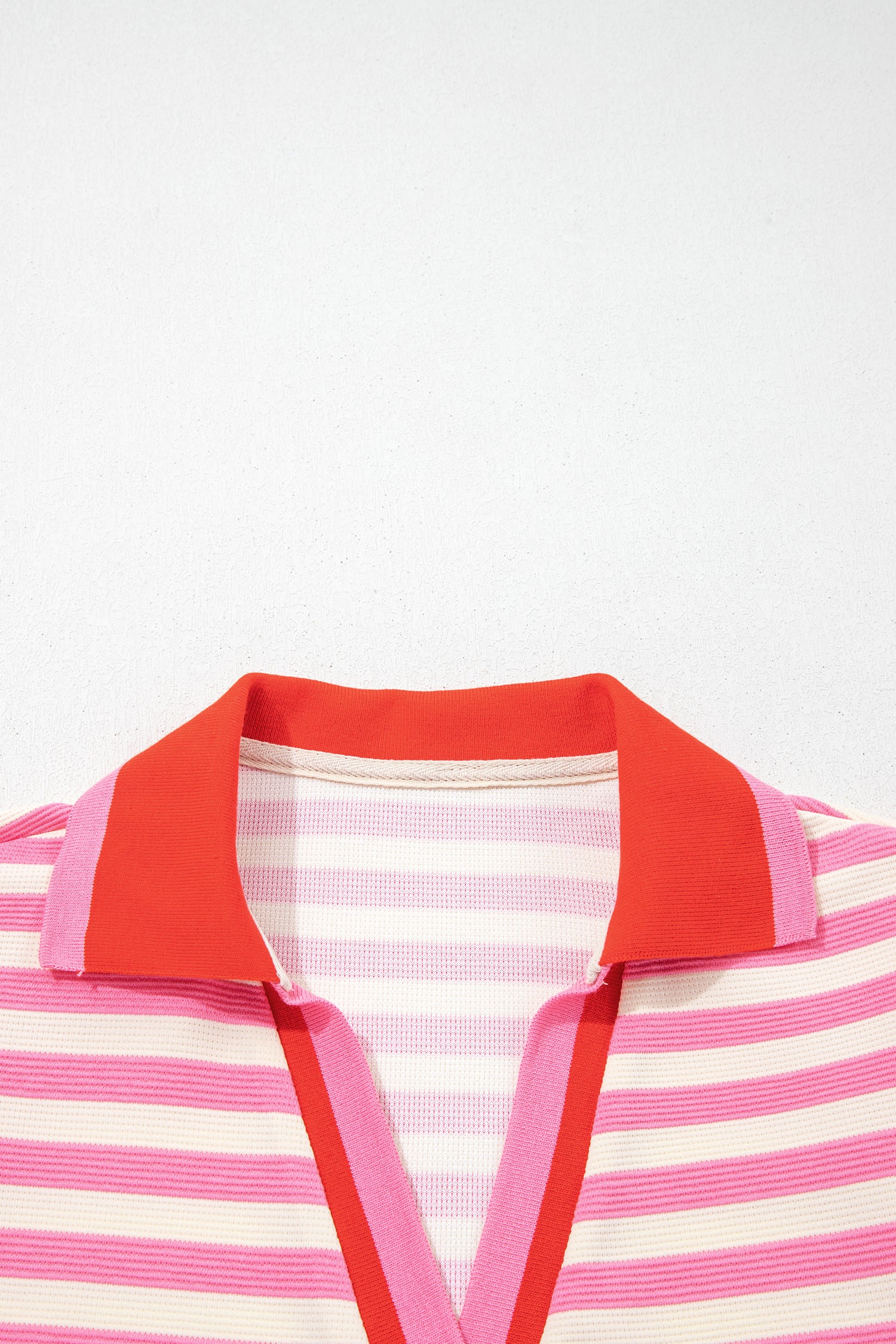 Green Stripe Contrast Trim Polo Collar Ruffled Short Sleeve Blouse