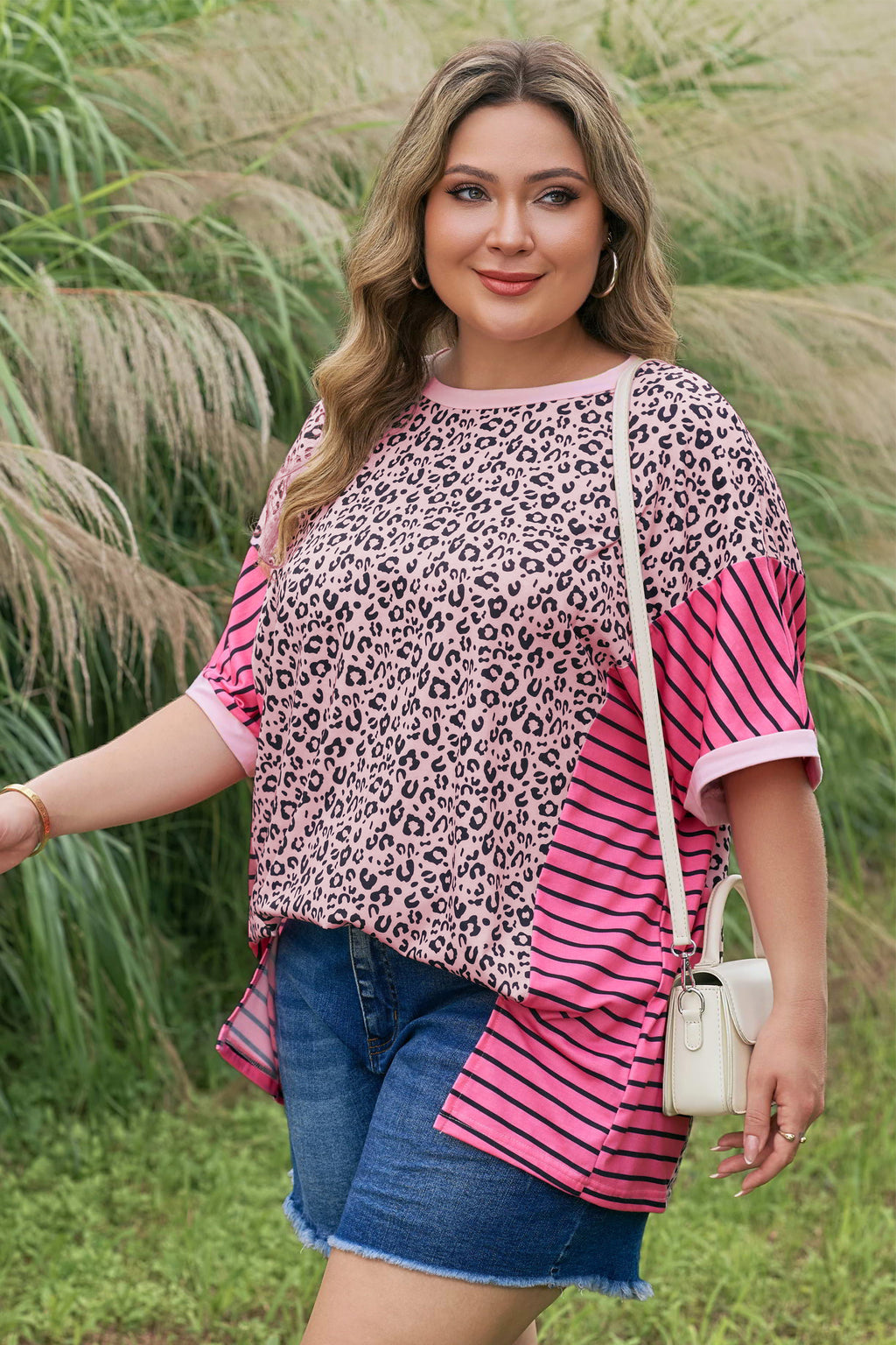 Pink Leopard Striped Contrast Patchwork Plus Size Tee