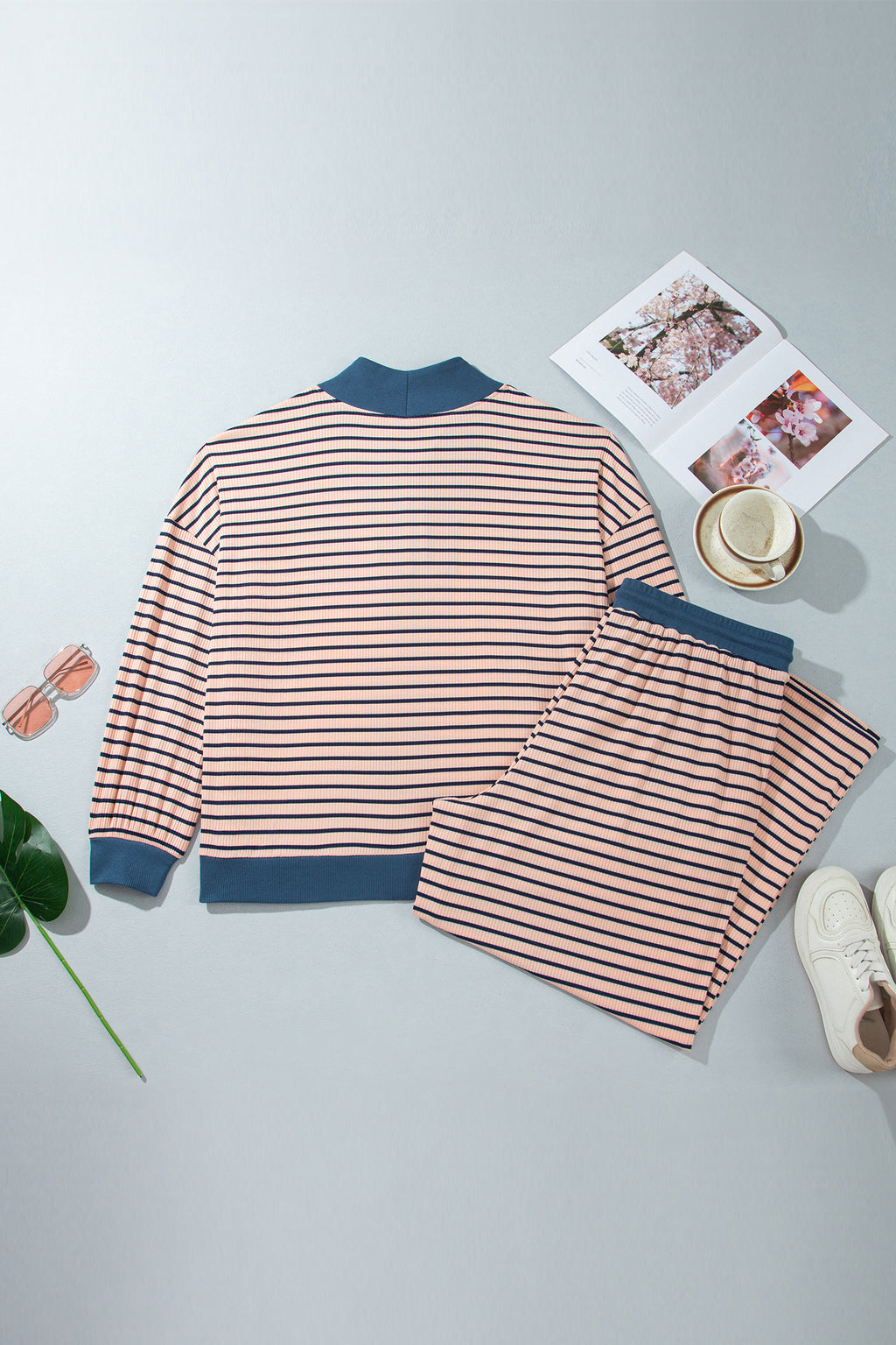 Pink Stripe Striped Colorblock V Neck Long Sleeve Plus Size Set