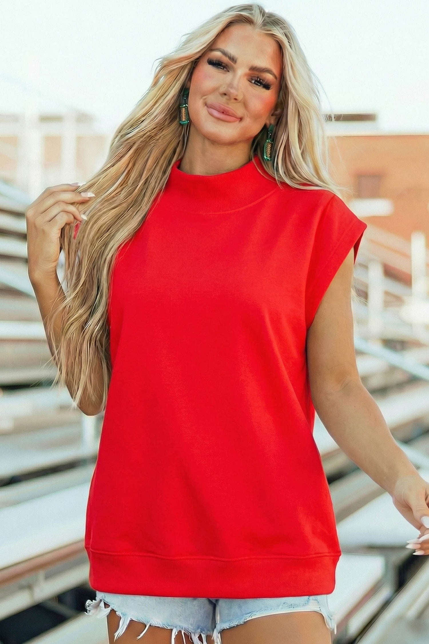 Myosotis Solid Color High Neck Cap Sleeve Loose Top