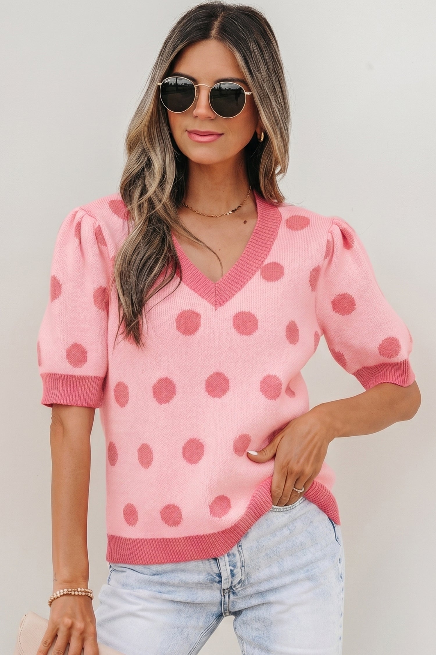 Pink Polka Dot Puff Short Sleeve Sweater Top