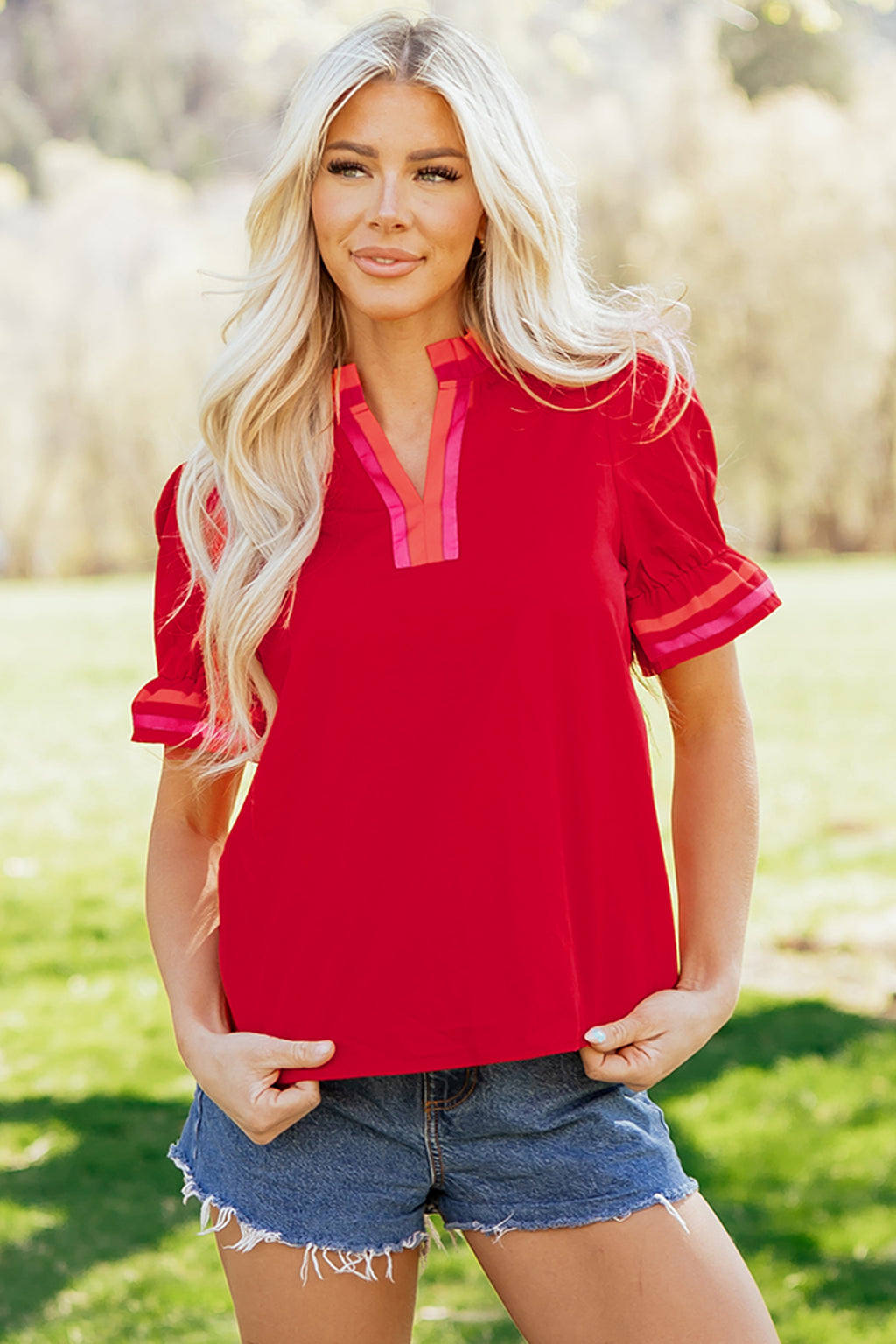 Sky Blue Striped Frilled Collar Ruffled Short Sleeve Blouse