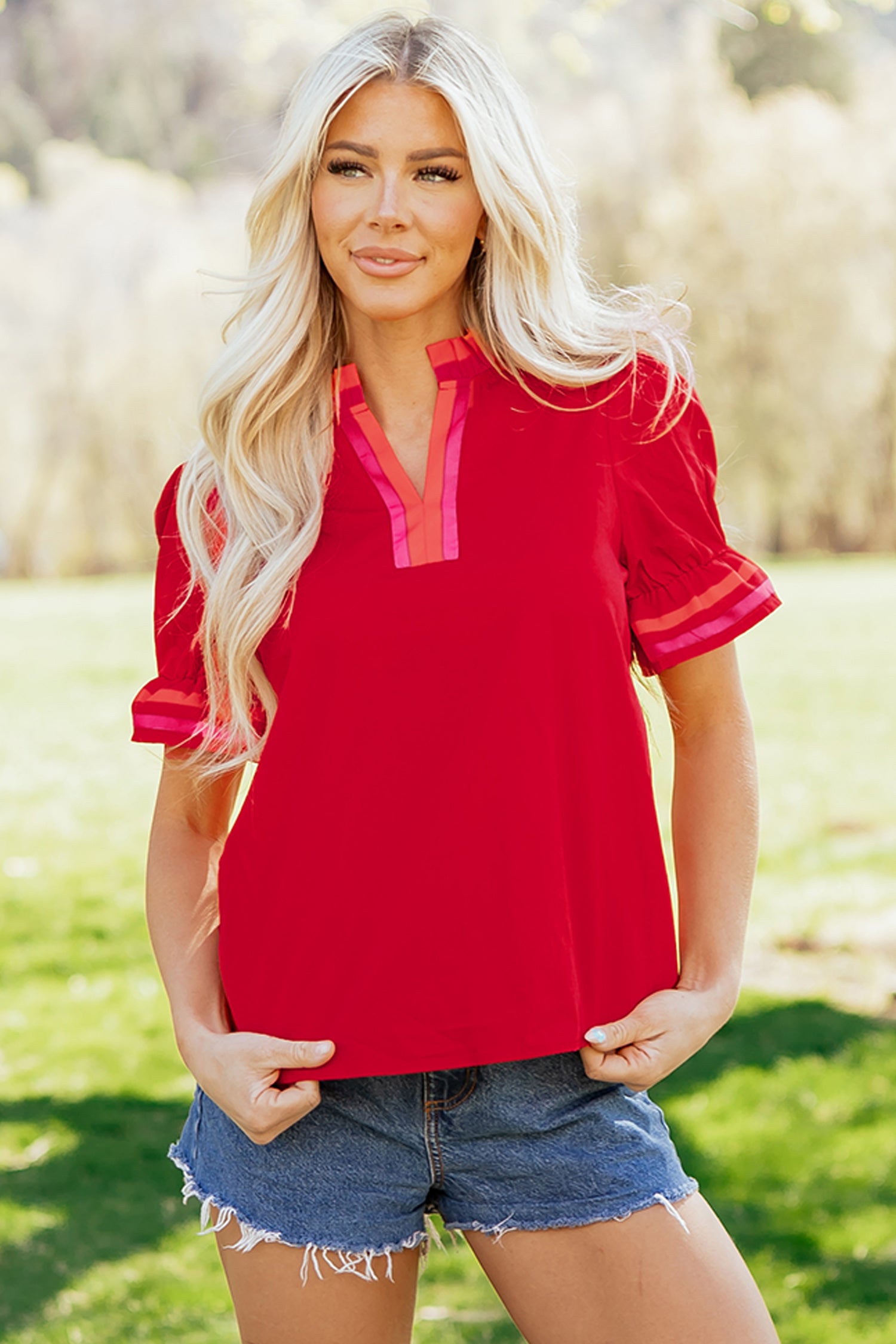 Sky Blue Striped Frilled Collar Ruffled Short Sleeve Blouse