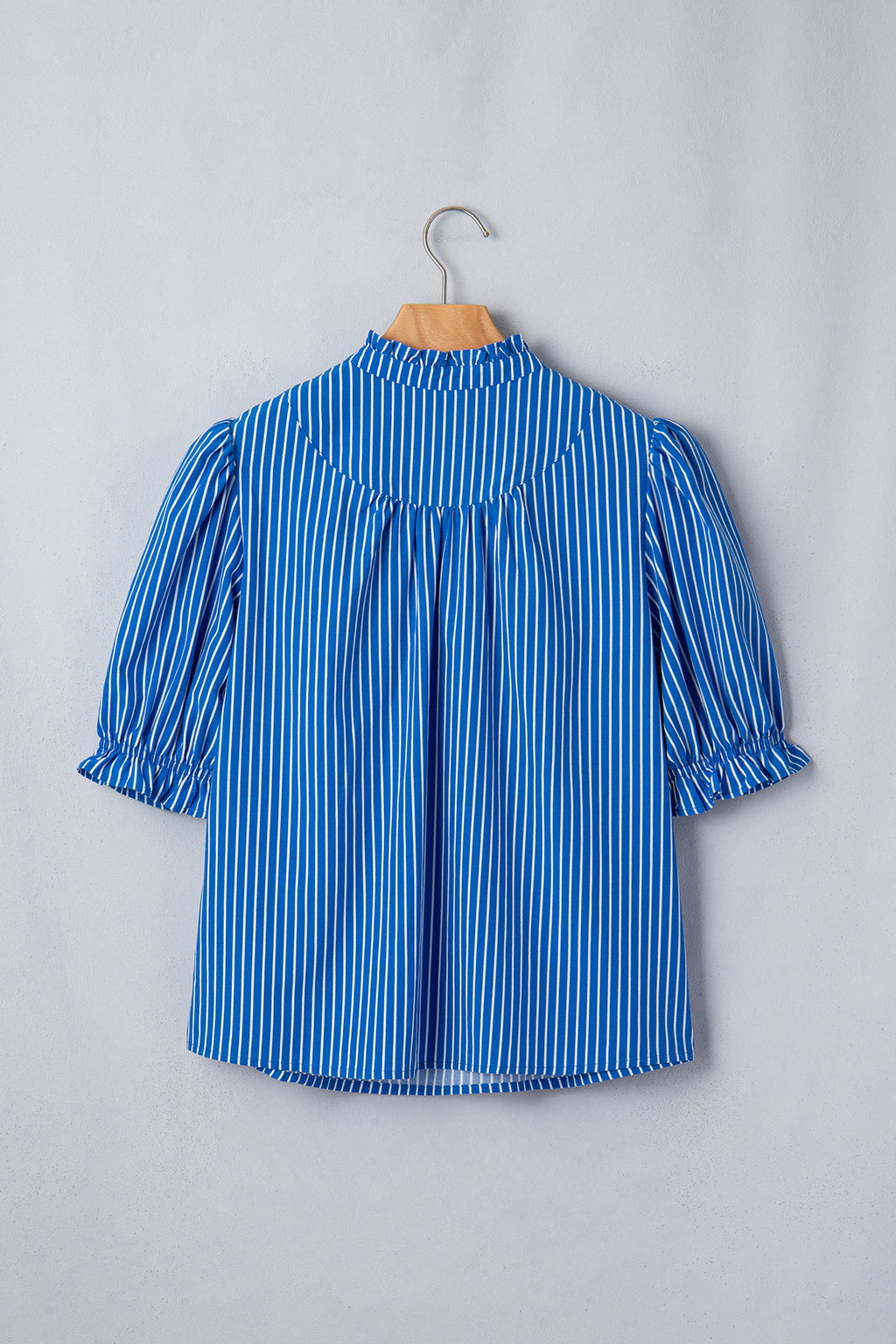 Red Stripe Ruffled Short Puff Sleeve Button Front Blouse