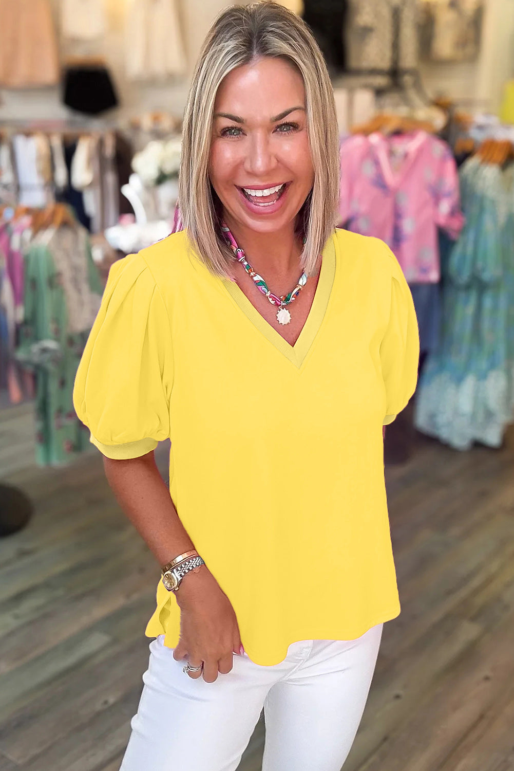 Mint Green Solid Color V Neck Short Puff Sleeve Blouse
