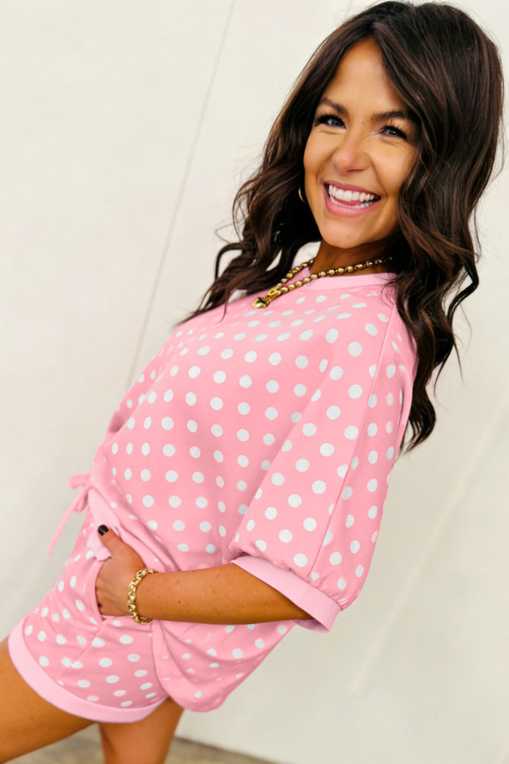 Green Polka Dot Oversized Top Drawstring Short Set