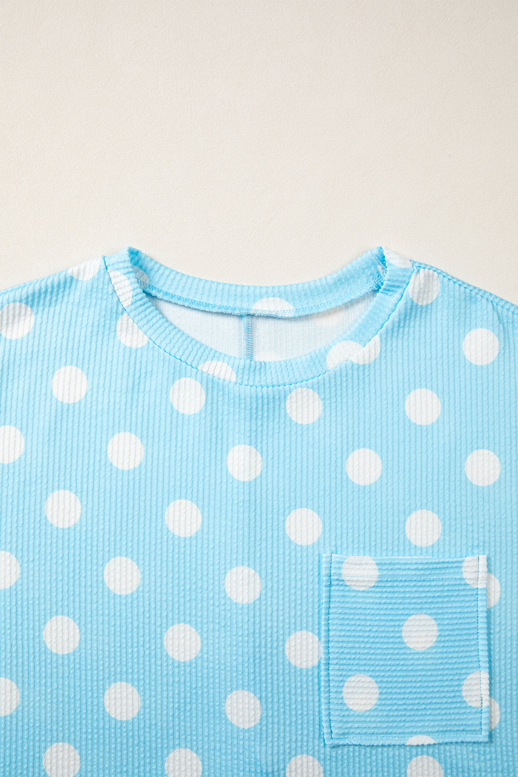 Sky Blue Polka Dot Patch Pocket Twisted Ribbed Top